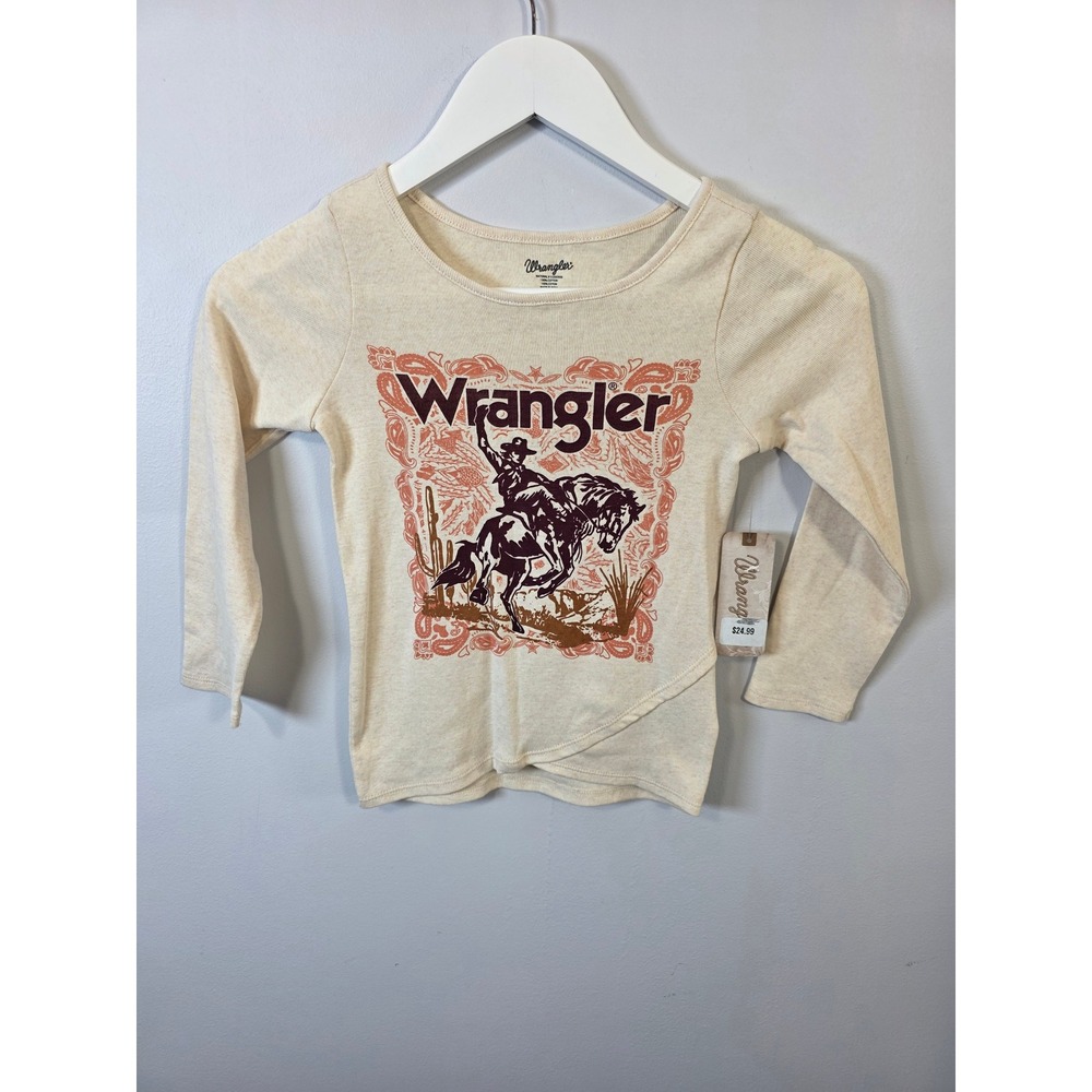 Wrangler Kids Cream Western Graphic Long Sleeve Tulip Hem Tee Shirt XS NWT